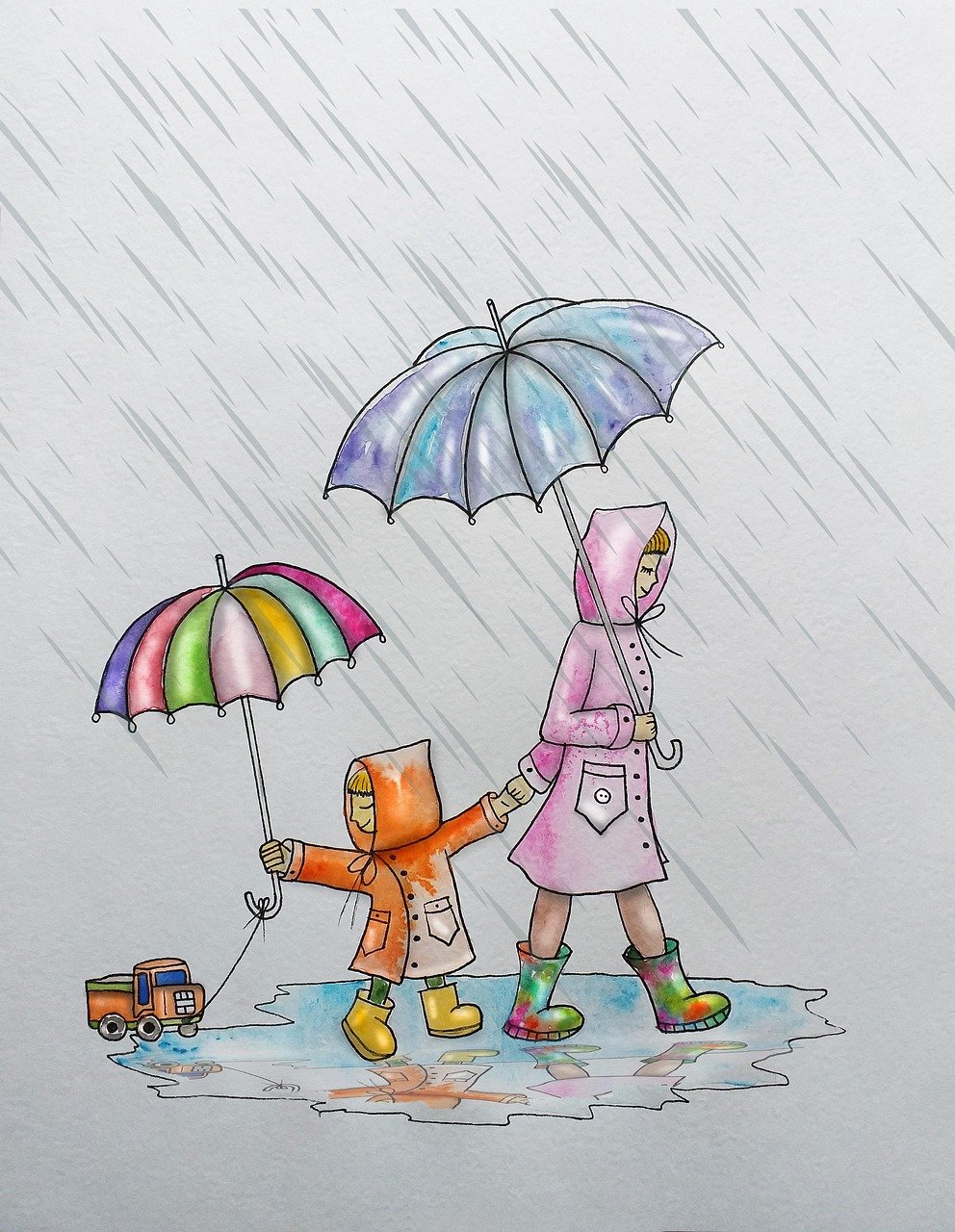 mother and child, rainy day, outdoors, raincoats, family, motherhood, walk in the rain, rain, puddle, watercolor, drawing, mom, baby, stroll, love, umbrella, drops, wet, toy, go, childrens illustration, for children, child artist, illustration, story, rainy day, rainy day, nature, rainy day, rainy day, rainy day