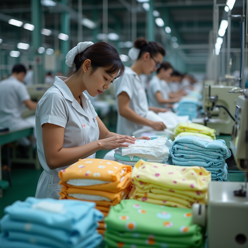 A finished batch of uniquely printed diapers at final quality check, ready for shipment to brand customers.