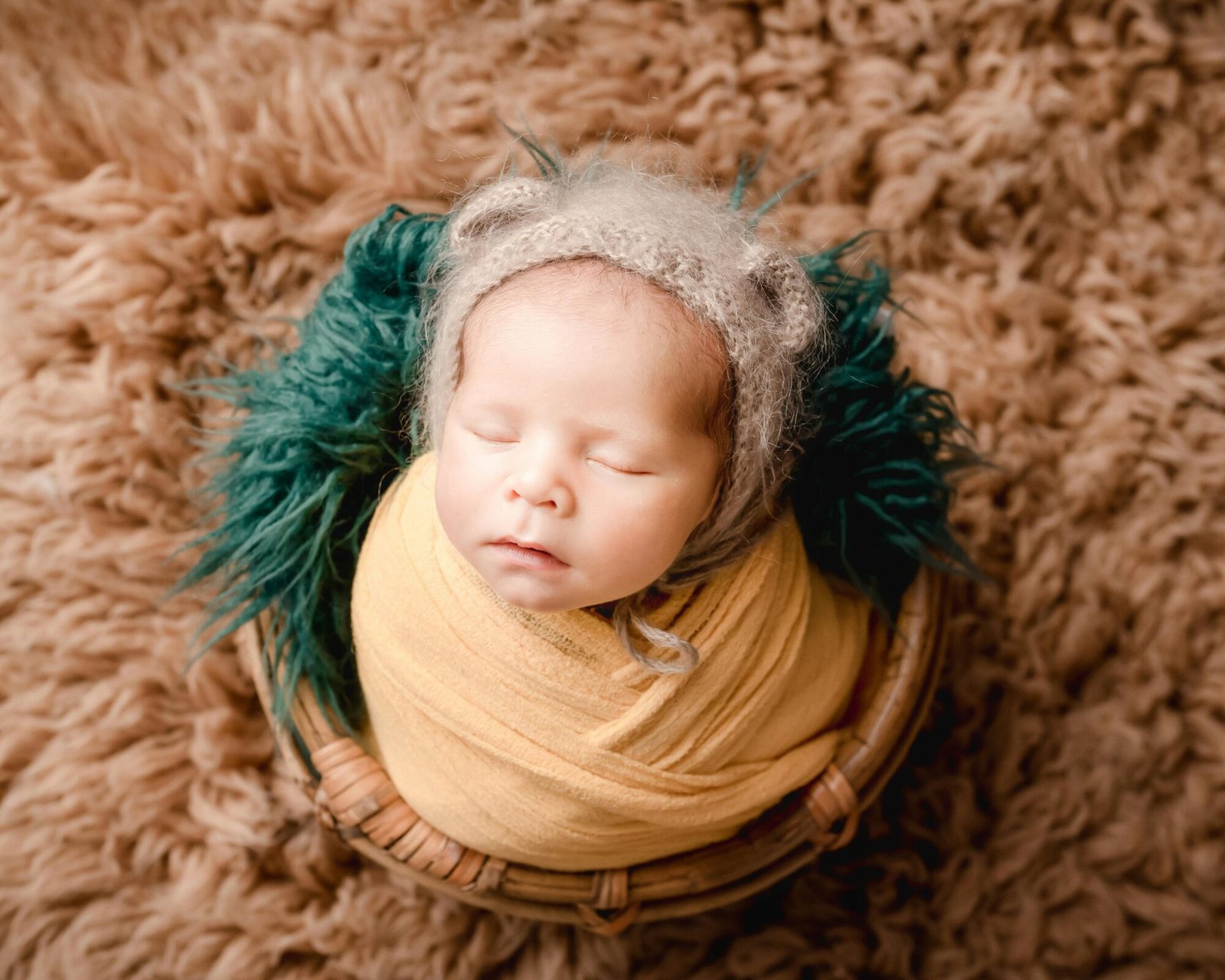 Adorable newborn baby sleeping in a soft cocoon with a cute hat on a fluffy brown background.